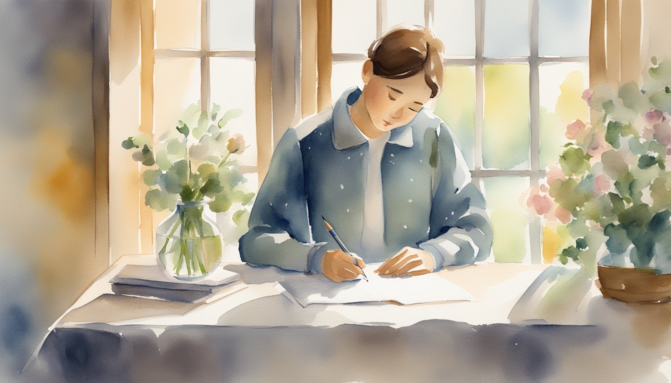 A figure stands by a table, writing a heartfelt message in a condolence card.</p><p>Soft lighting and a serene atmosphere fill the room