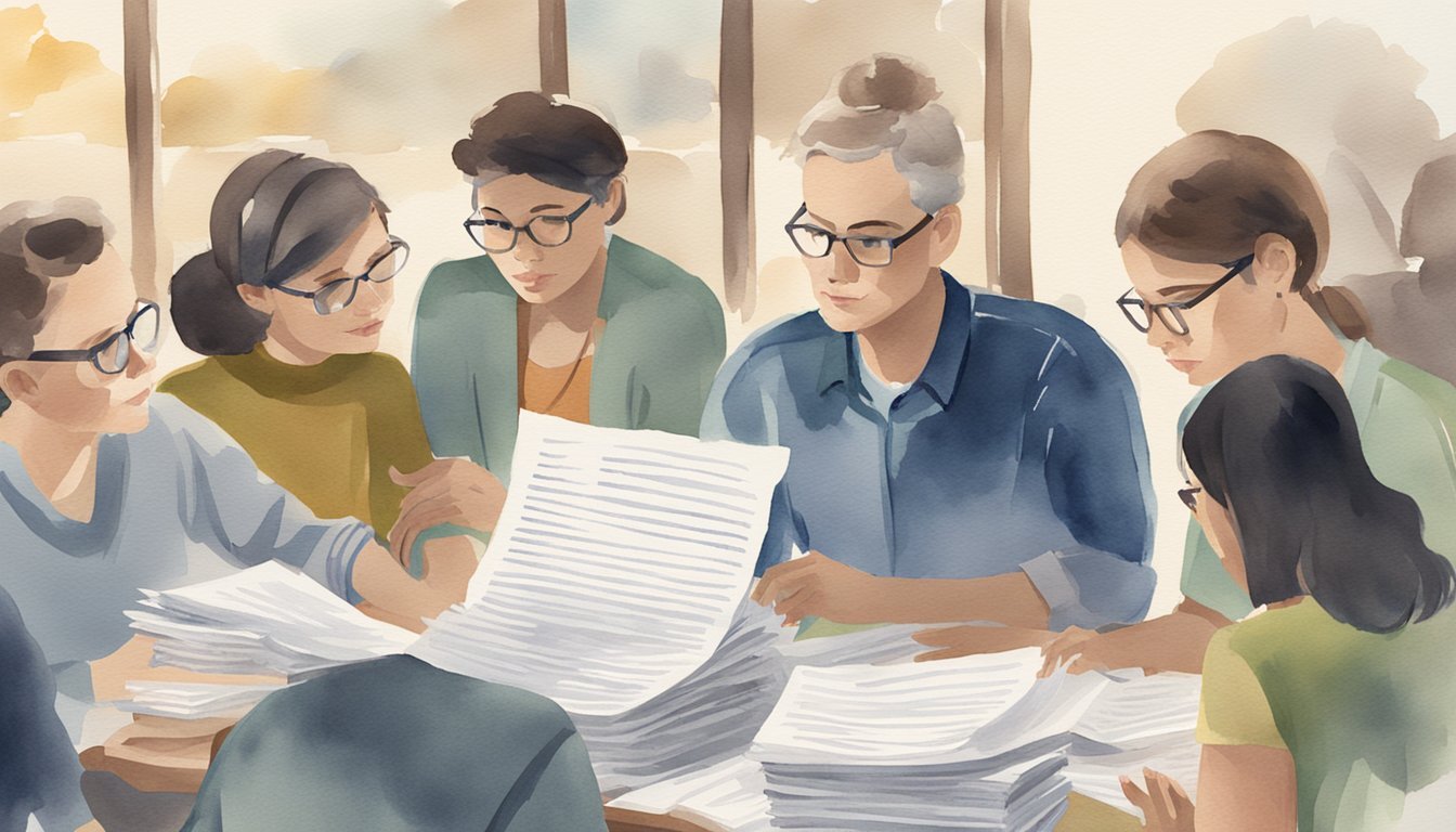 A stack of papers with "Frequently Asked Questions Condolences" printed on top, surrounded by a group of people reading and discussing them