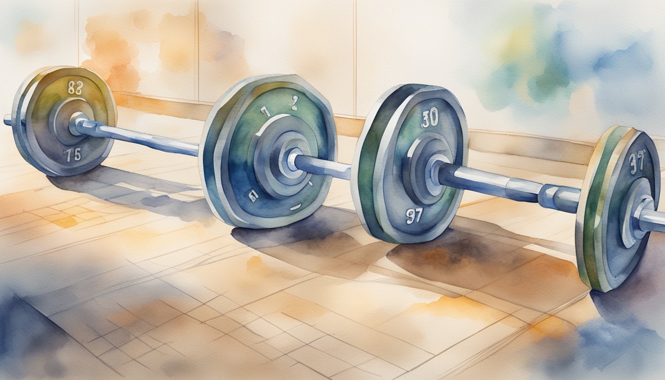 A barbell with weight plates, stopwatch, and score chart on a gym floor