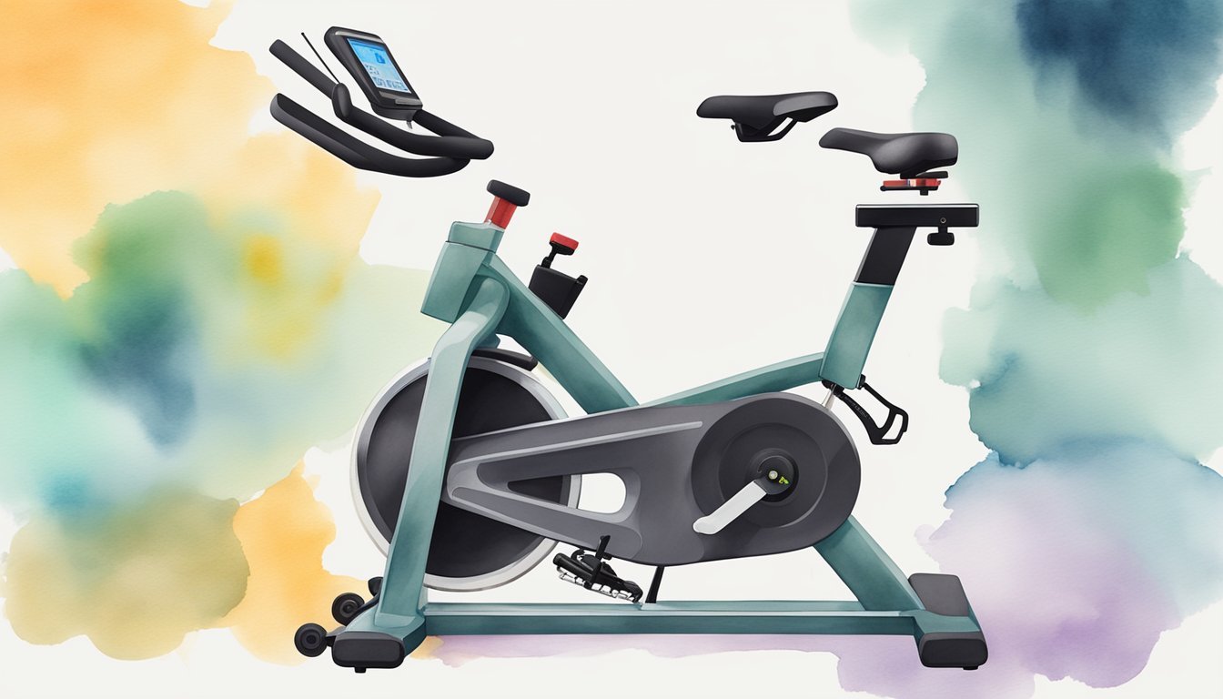 A stationary bike with digital display and adjustable seat, surrounded by workout equipment and a timer