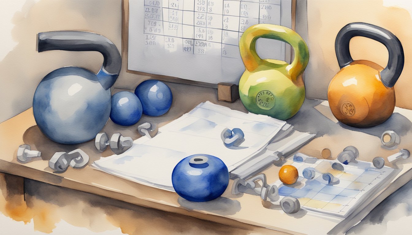 A table with ACFT equipment, including kettlebells, medicine balls, and pull-up bars, set up next to a large score chart