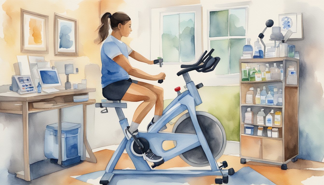 A person on a stationary bike with adjustable settings, surrounded by various medical equipment and aids for different injuries and conditions