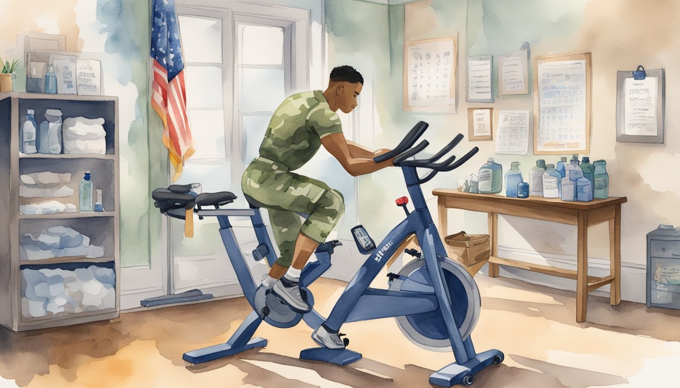 Soldier setting up stationary bike for APFT test.</p><p>Timer, water bottle, and towel on nearby table.</p><p>Room is well-lit with motivational posters on the walls