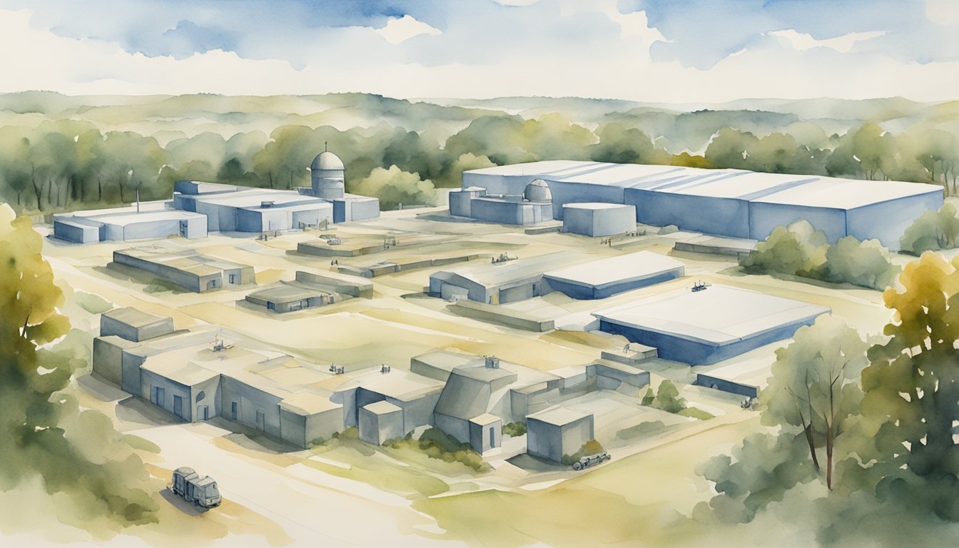 A military base with various buildings and training facilities, surrounded by trees and a clear blue sky