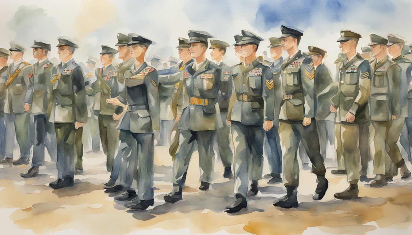 A group of soldiers in uniform at an AIT graduation ceremony, with a banner displaying various career opportunities after completion