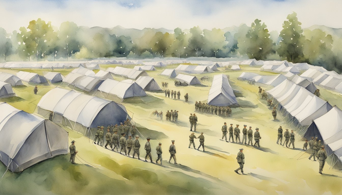 A sprawling field with rows of tents, obstacle courses, and training equipment.</p><p>A drill sergeant barks orders as recruits march in formation