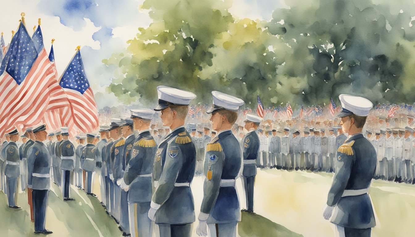 Soldiers in uniform stand in formation, hats in hand, at an outdoor graduation ceremony.</p><p>American flags fly in the background, and a podium with military insignia is at the front