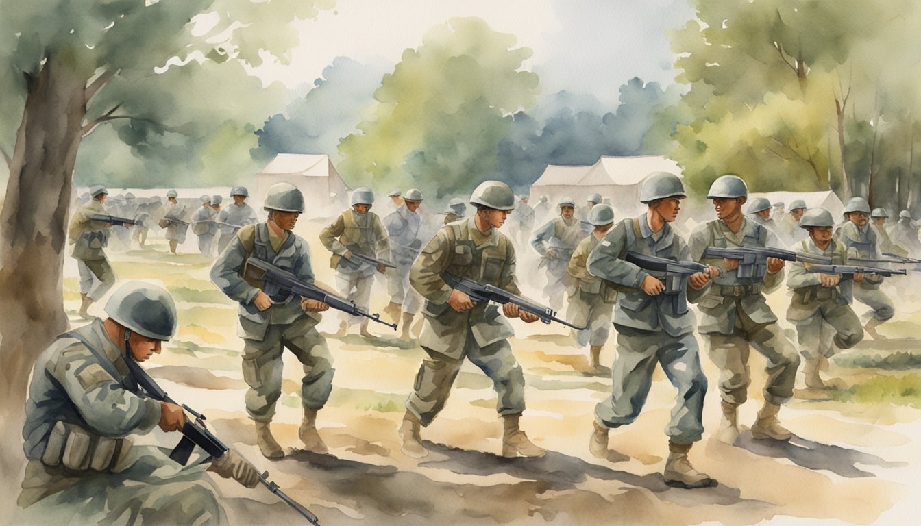 Soldiers training at various army boot camp locations, practicing specific roles