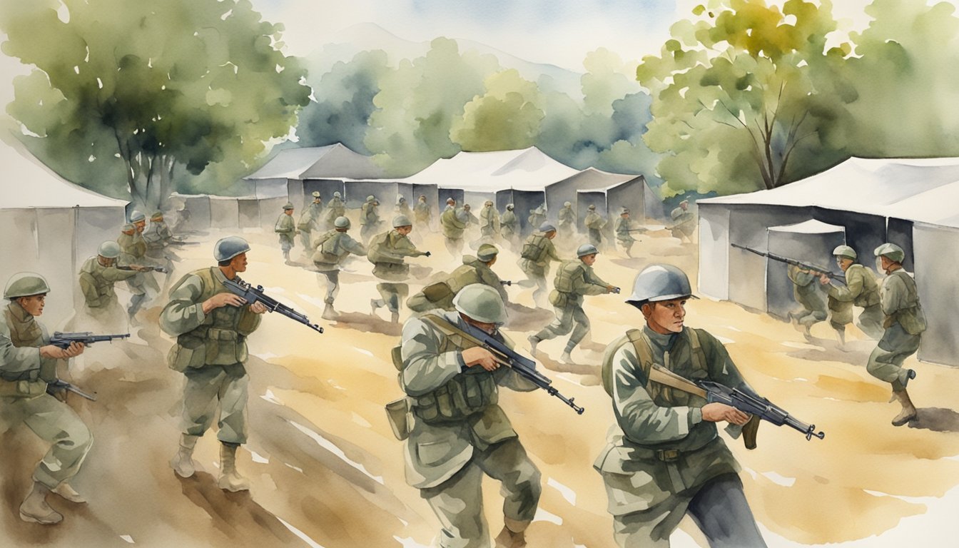 Soldiers training at various army boot camp locations.</p><p>Paths diverge towards different training areas