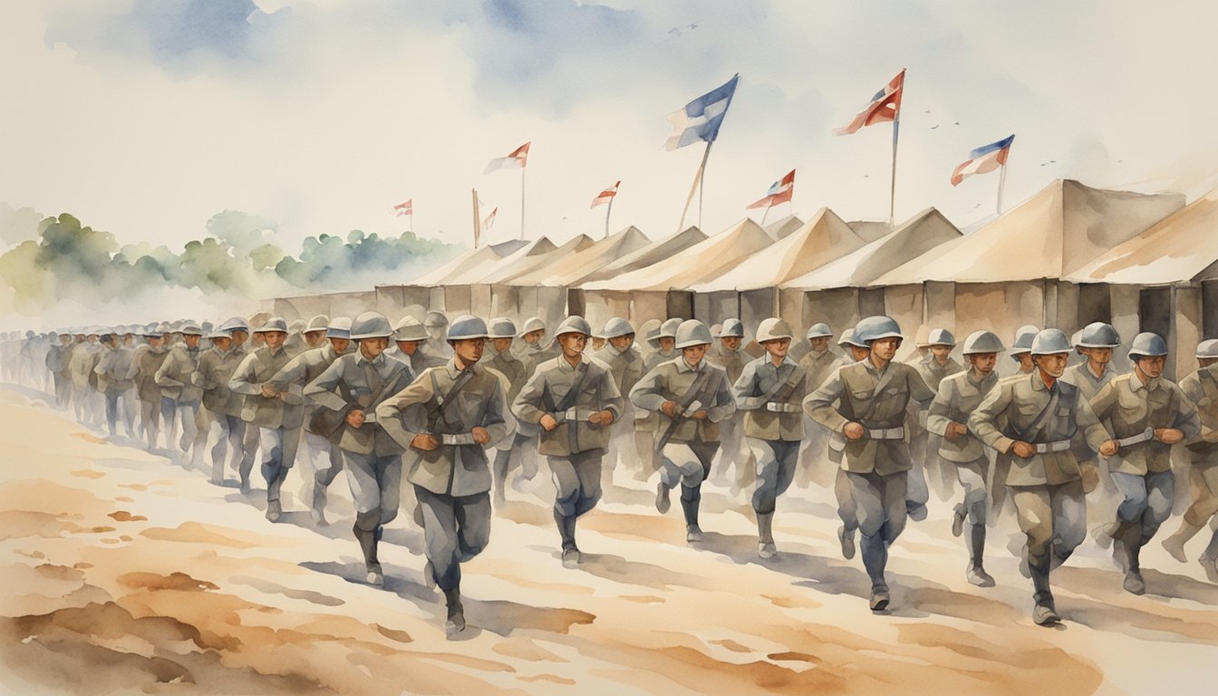 Soldiers marching in formation on a dusty training ground, with barracks and obstacle courses in the background