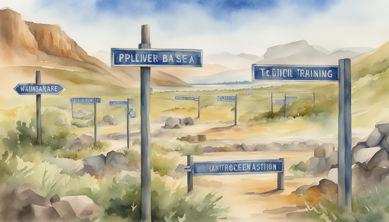 A row of military base signs, each with a different location listed, surrounded by a rugged landscape with training obstacles in the background