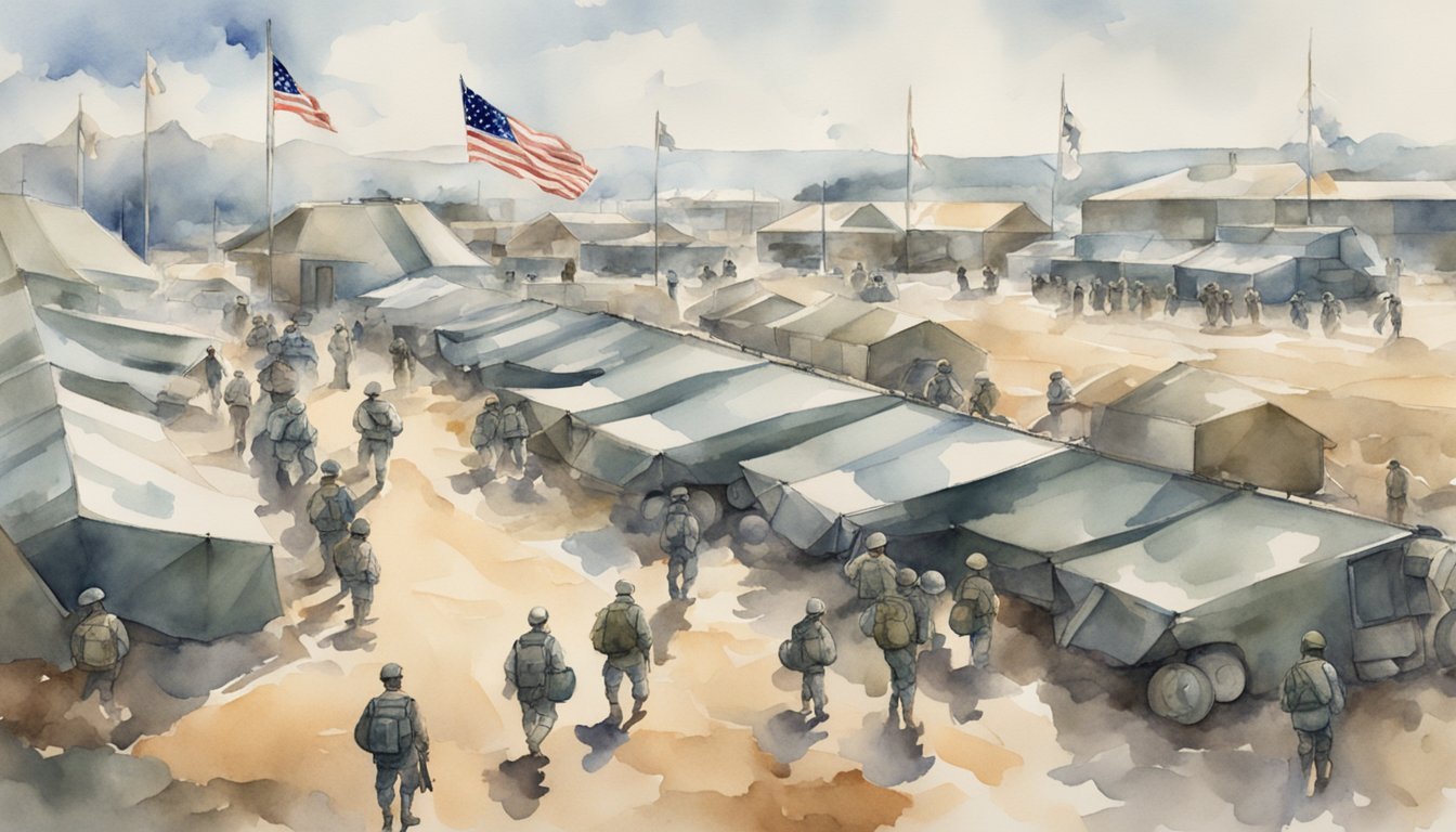 A bustling military base, with soldiers in uniform training and preparing equipment for deployment.</p><p>Flags of different divisions flutter in the wind