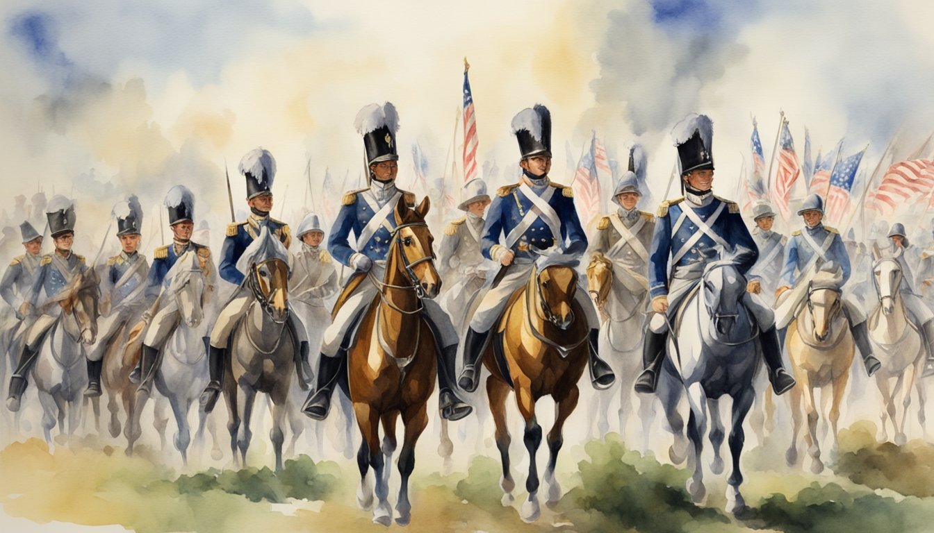 A line of army divisions marching through various historical eras in the United States, from the Revolutionary War to modern times