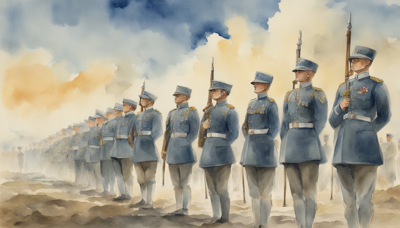 Soldiers in uniform stand in formation, with distinct insignias denoting their ranks on their shoulders.</p><p>The higher-ranked officers are positioned at the front, while lower-ranked soldiers are positioned towards the back