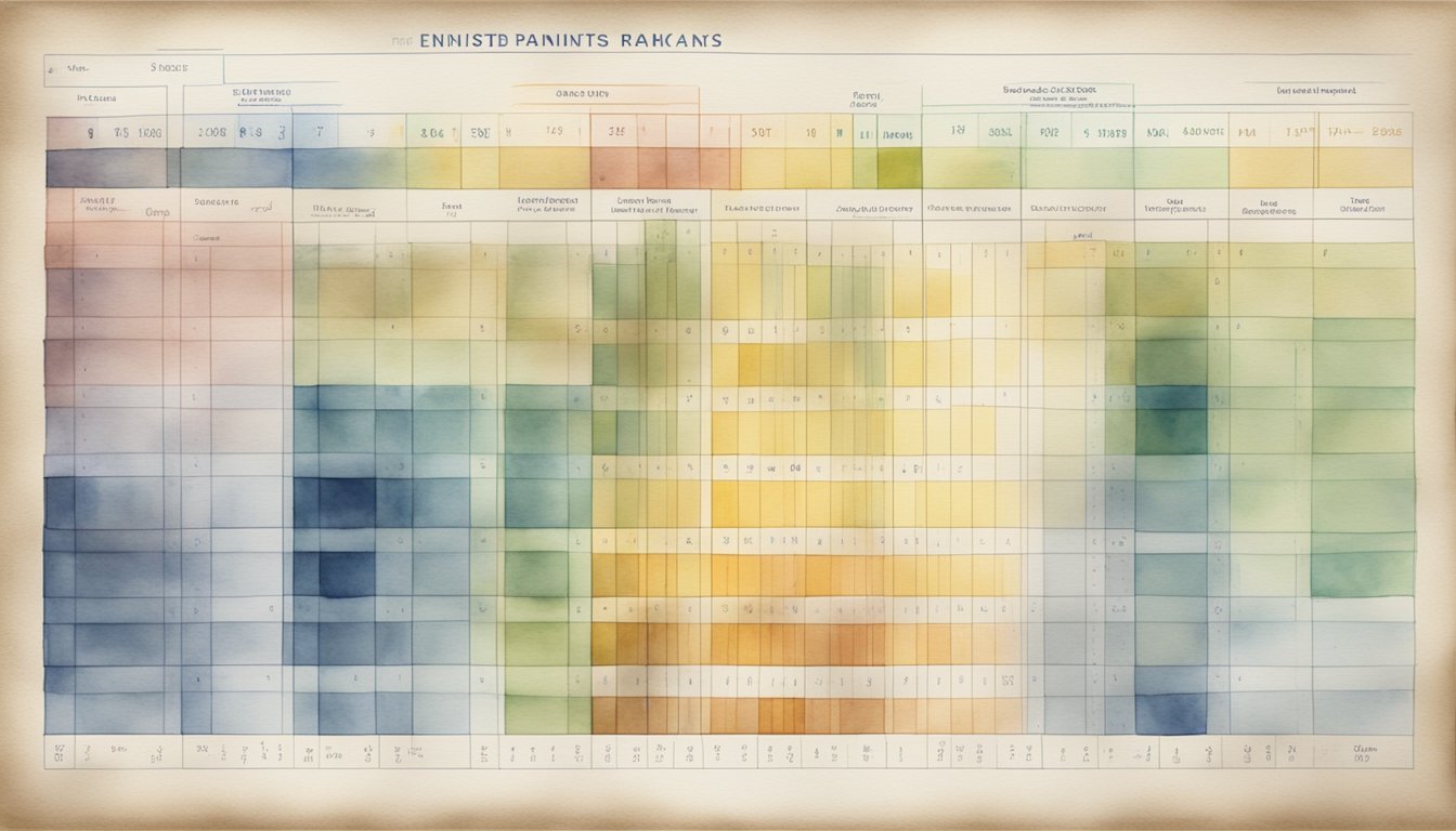 Enlisted ranks' pay and benefits displayed on a chart with clear, organized categories and numbers