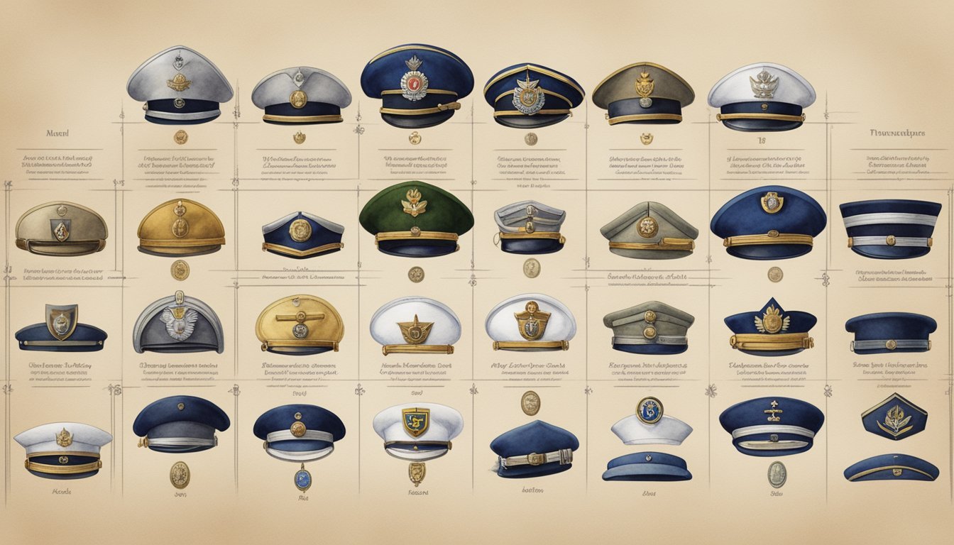 Enlisted officers' ranks displayed in a timeline, from entry-level to highest promotion, with corresponding insignias and titles