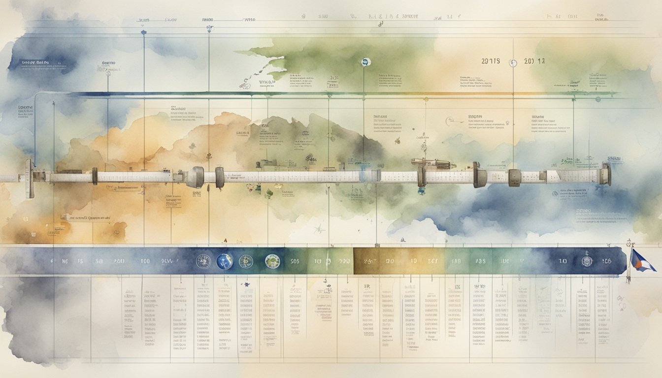 A timeline chart with clear milestones and dates, surrounded by military insignia and symbols