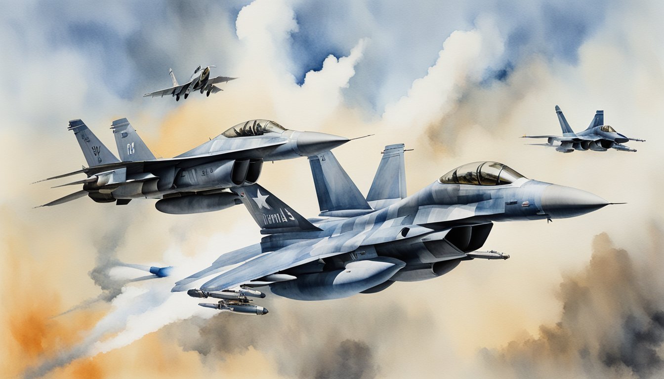 Two fighter jets, an F15 and an F16, engage in a high-speed aerial battle, with trails of smoke and intense maneuvers