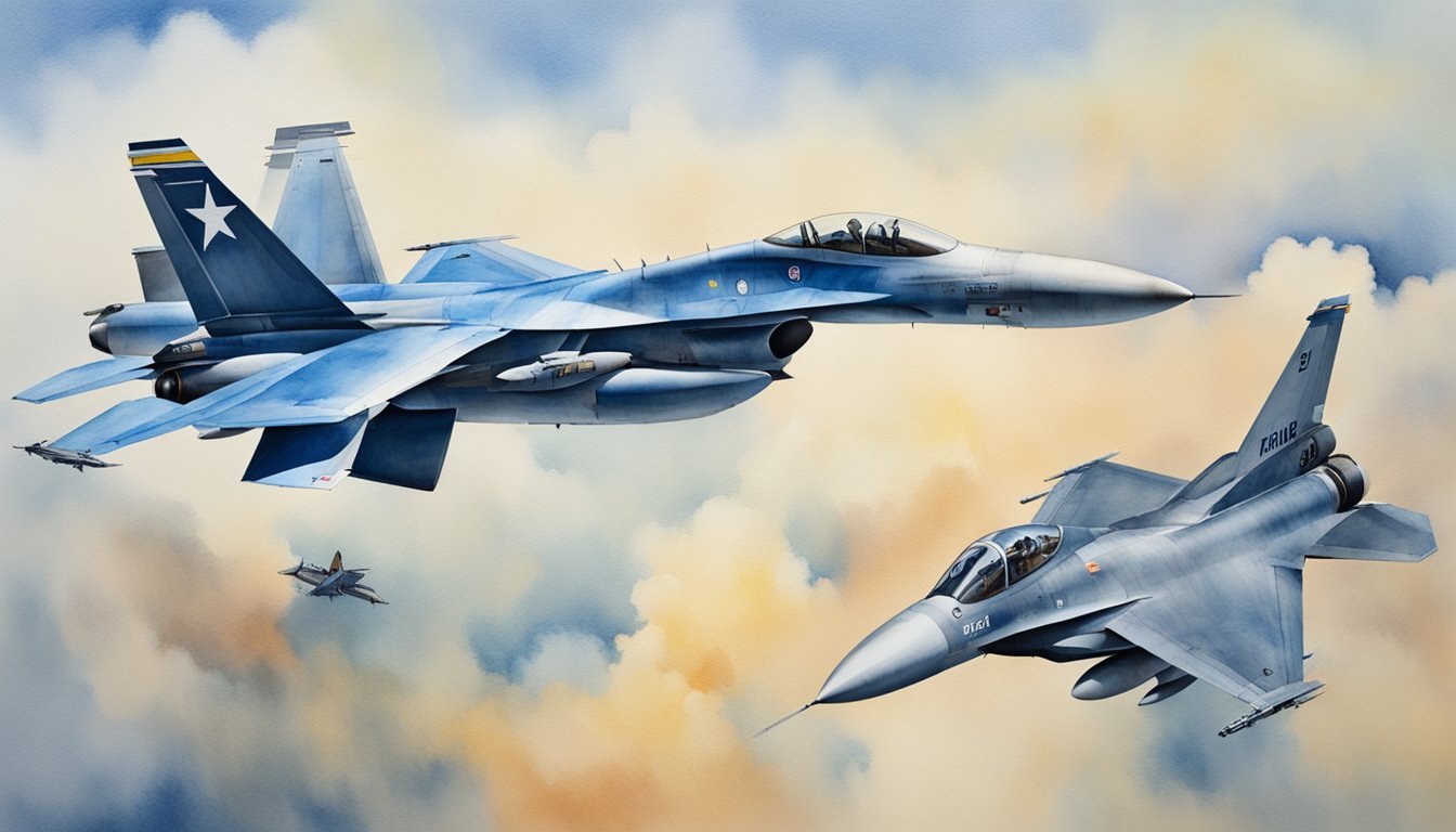 Two fighter jets, F15 and F16, in aerial combat.</p><p>F15 in a steep climb, F16 maneuvering to evade.</p><p>Clear blue sky, with clouds in the distance