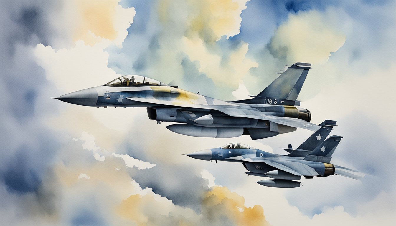 Two fighter jets, f15 and f16, soar through a cloudy sky, showcasing modern upgrades and future prospects