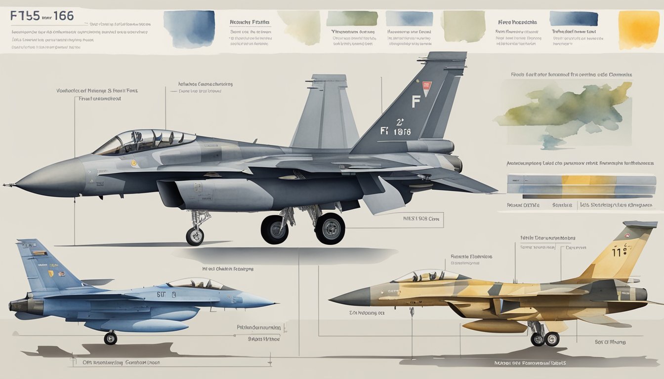 A comparison table showing features of f15 and f16 with clear labels and distinct visual elements for easy understanding