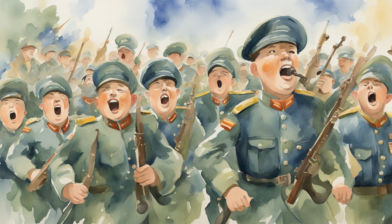 Soldiers singing and marching, with exaggerated movements and comical expressions