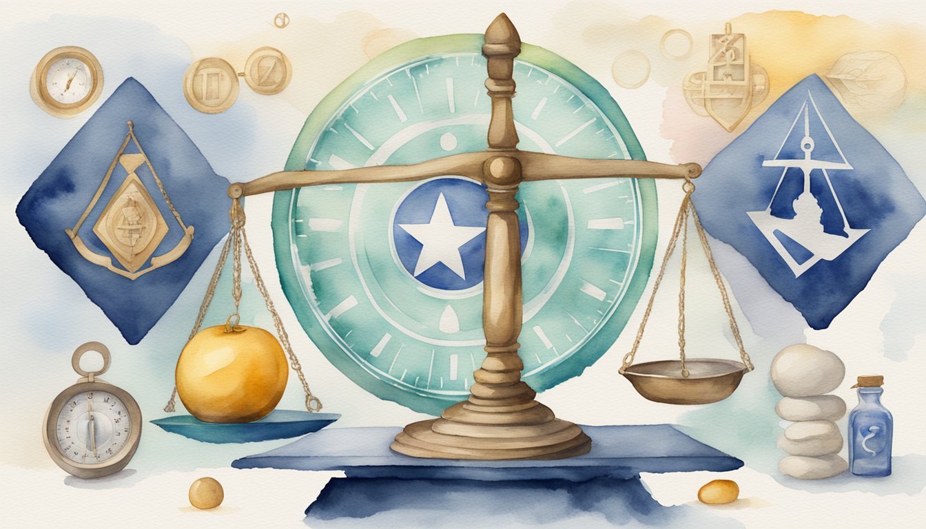 A scale displaying a balanced weight, surrounded by symbols of health and wellness, with an Air Force insignia in the background