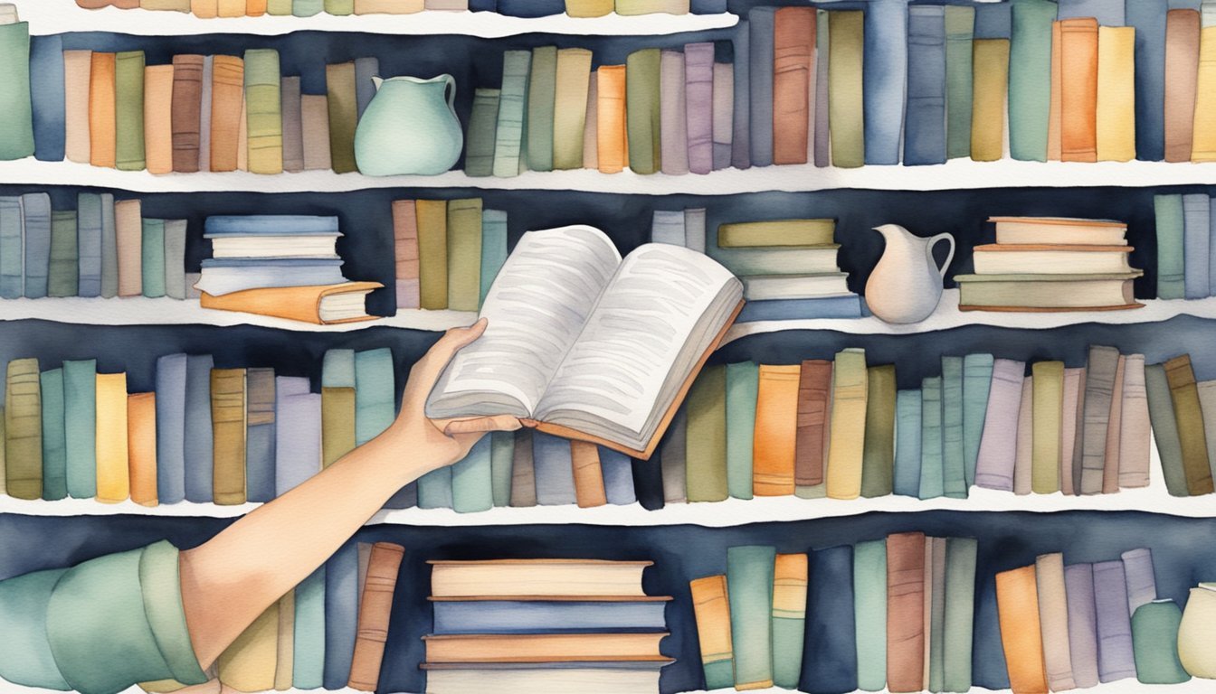 A hand reaching for a book on a shelf, surrounded by other books and a cozy reading nook