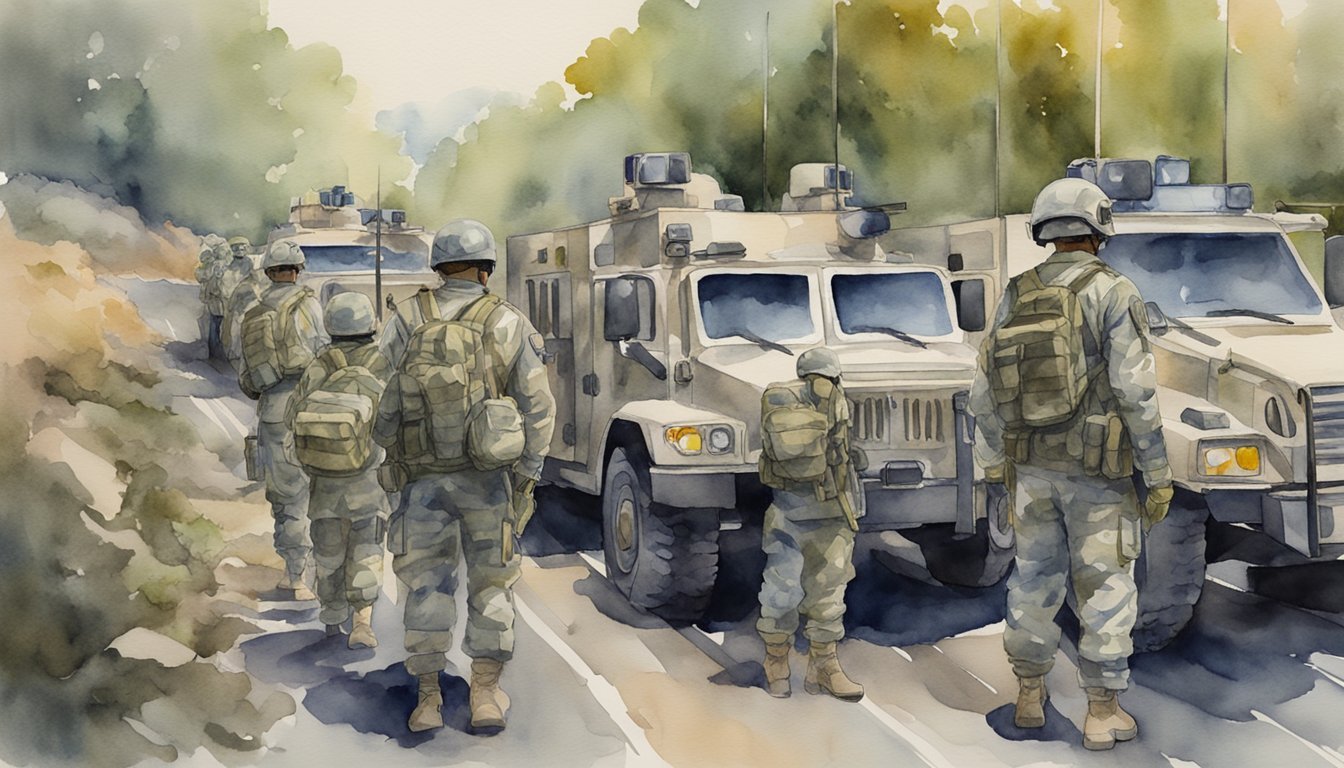 National Guard troops stand ready in uniform, equipment at the ready, amidst emergency response vehicles and supplies