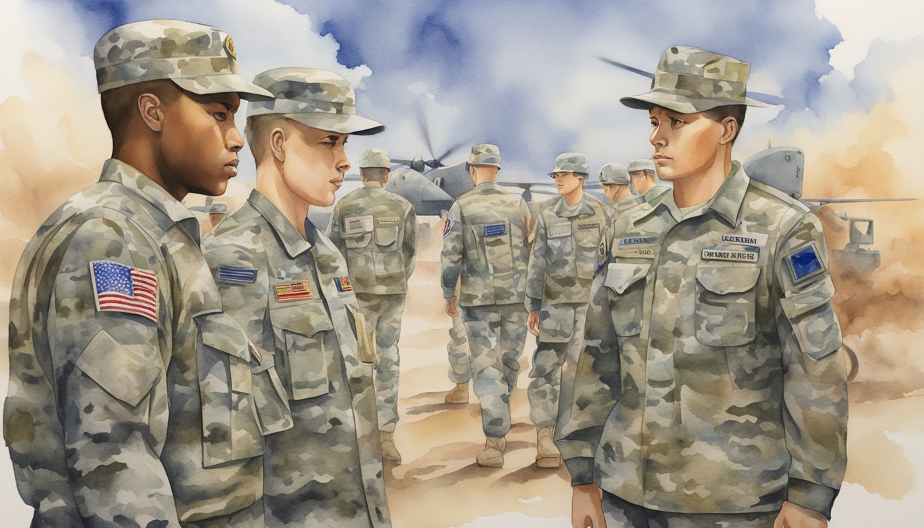 National Guard insignias displayed on uniforms, representing various ranks and specialties, with a backdrop of diverse service environments