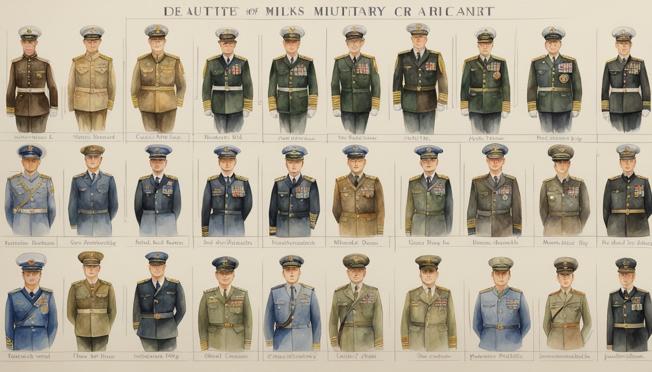 A military rank chart displays various titles and roles, arranged in a hierarchical structure.</p><p>The chart showcases the different levels of authority and responsibilities within the military