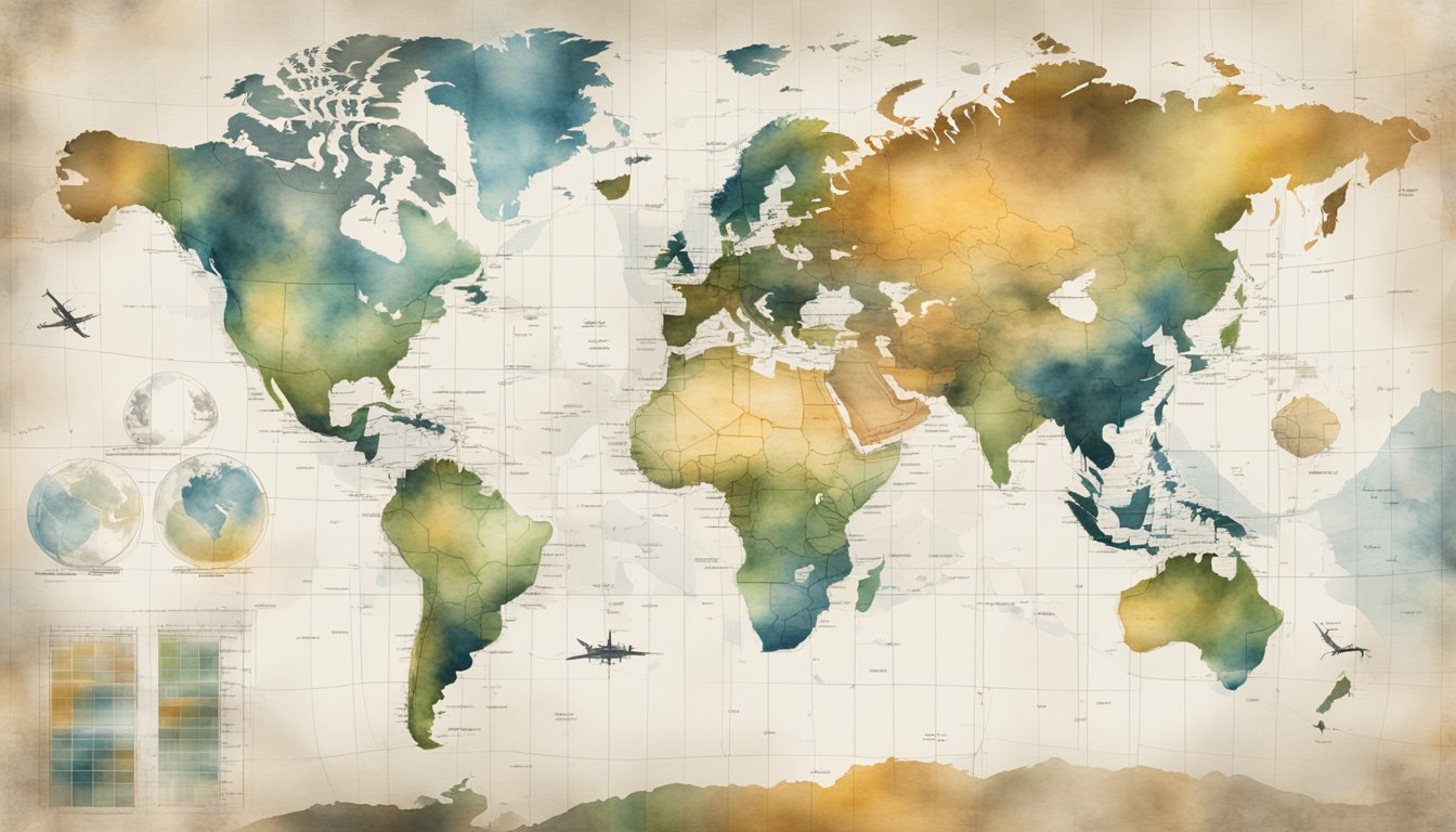 A map of the world with highlighted regions, surrounded by images of advanced technology and weaponry.</p><p>Graphs and charts display data on global military capabilities and geopolitical trends