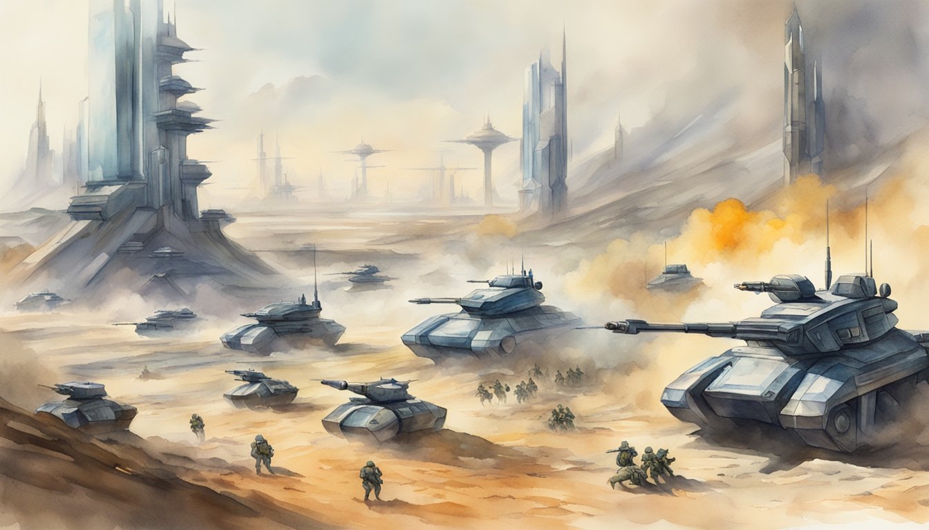 A futuristic battlefield with advanced weaponry and strategic alliances