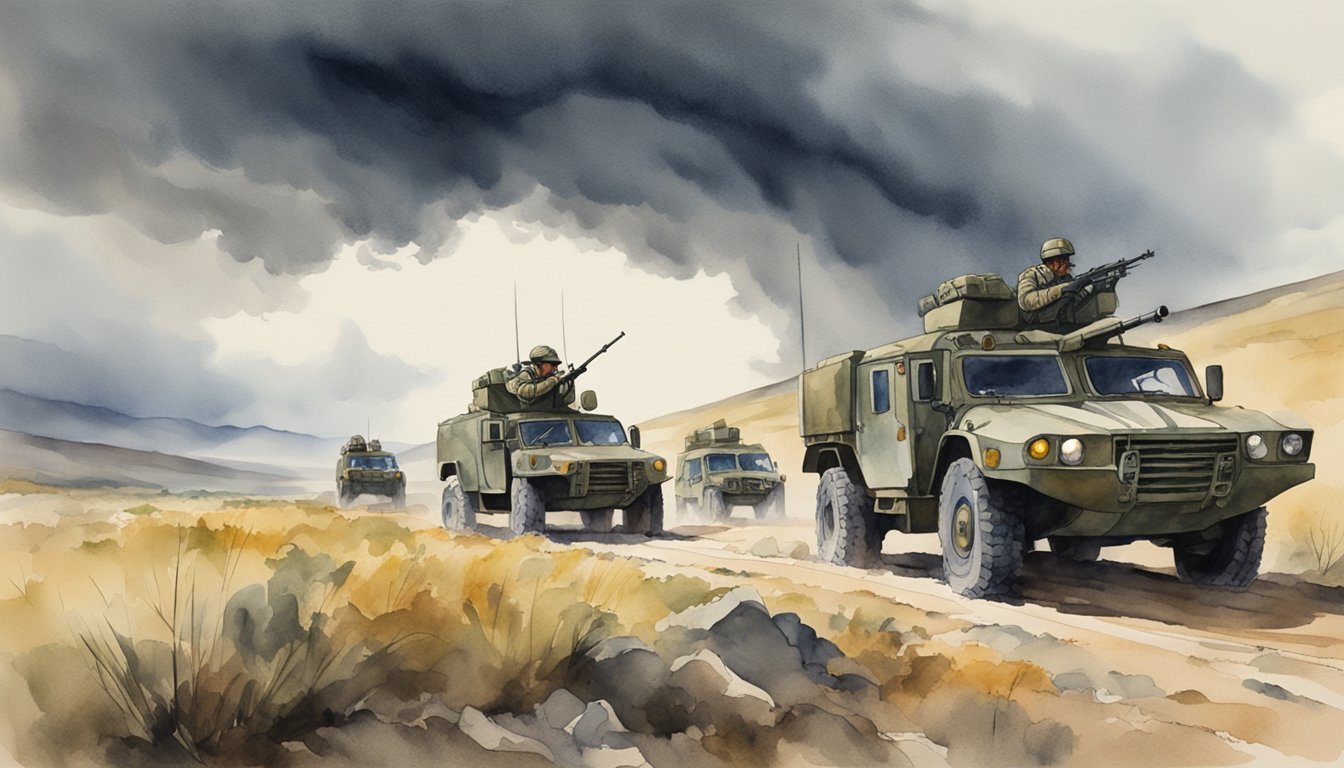 A group of military vehicles traverse a rugged, politically volatile landscape, with looming storm clouds in the distance