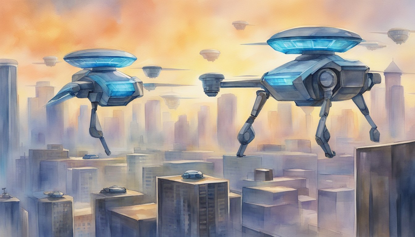 Robotic drones patrol a city skyline, while advanced AI systems monitor for potential threats.</p><p>Futuristic defense mechanisms stand ready to counter any emerging warfare trends