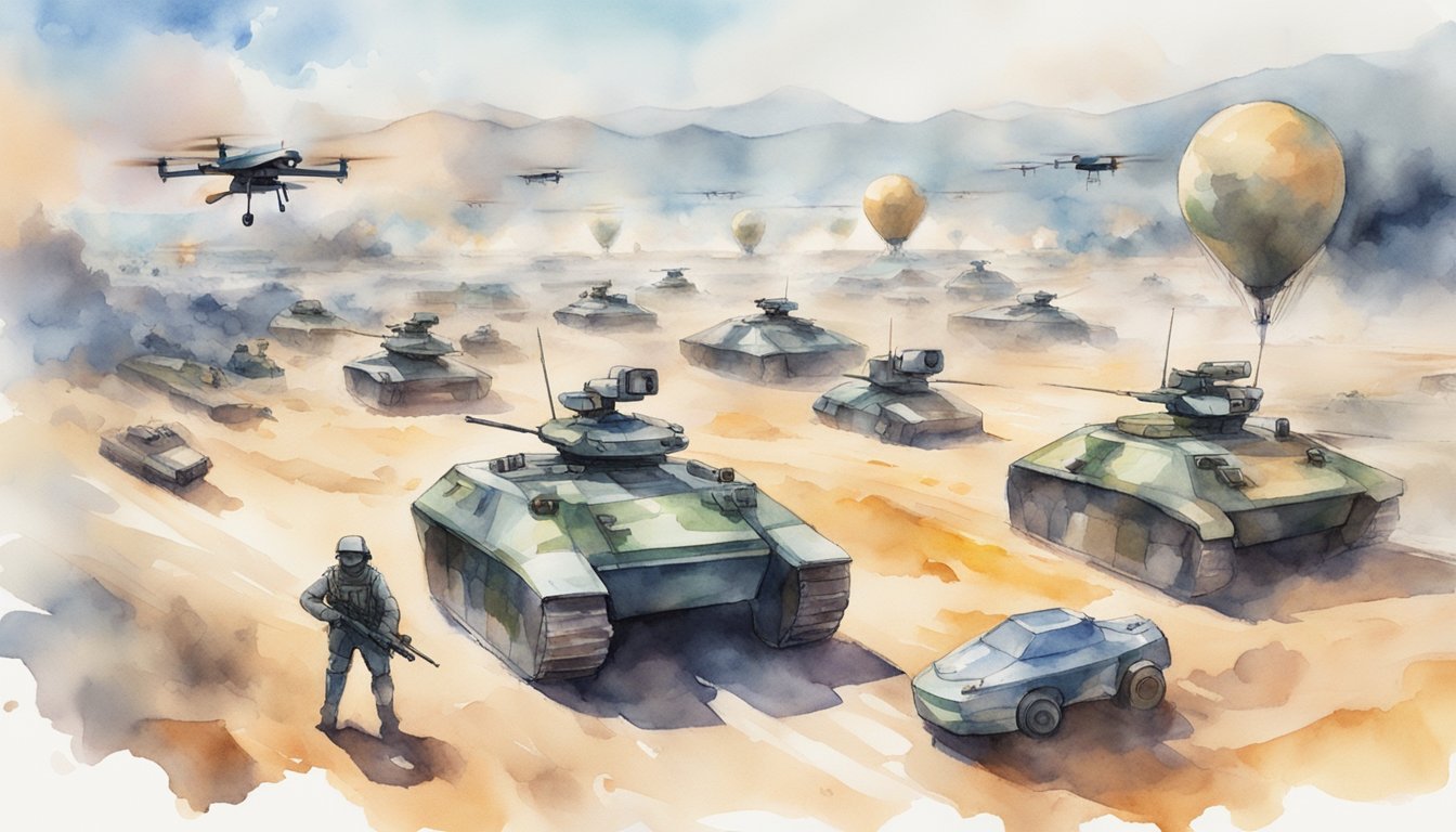 A battlefield with drones, autonomous vehicles, and cyber warfare.</p><p>International flags and treaties in the background