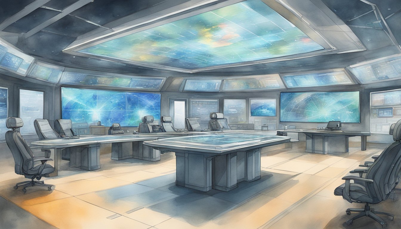 A futuristic war room with advanced technology and holographic displays showcasing trends and predictions in warfare