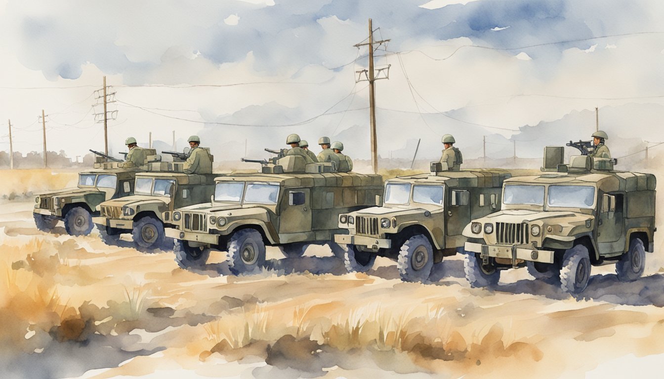 A row of military vehicles parked in front of a barbed wire fence, with soldiers standing guard in the background