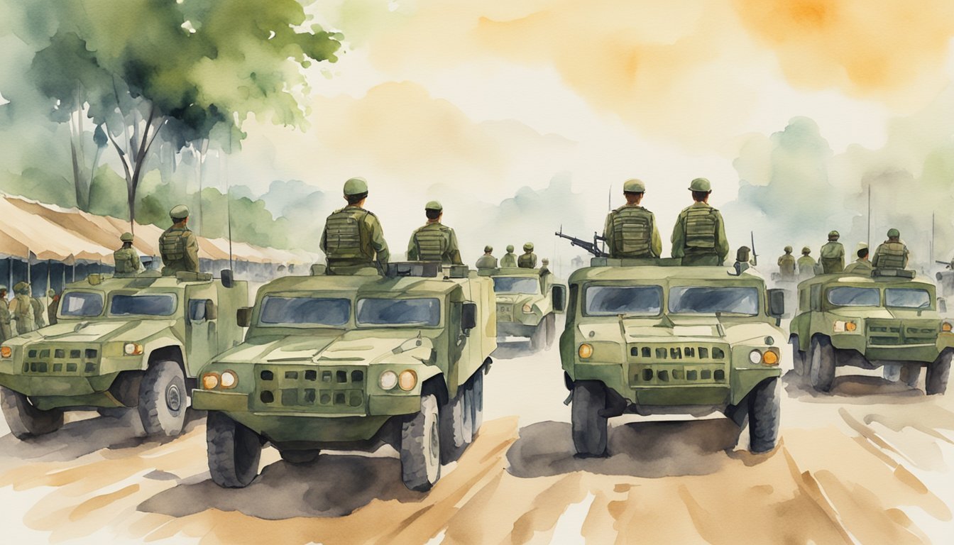 The Bangladesh Armed Forces stand tall and uniformed, with soldiers in formation and military vehicles lined up in the background