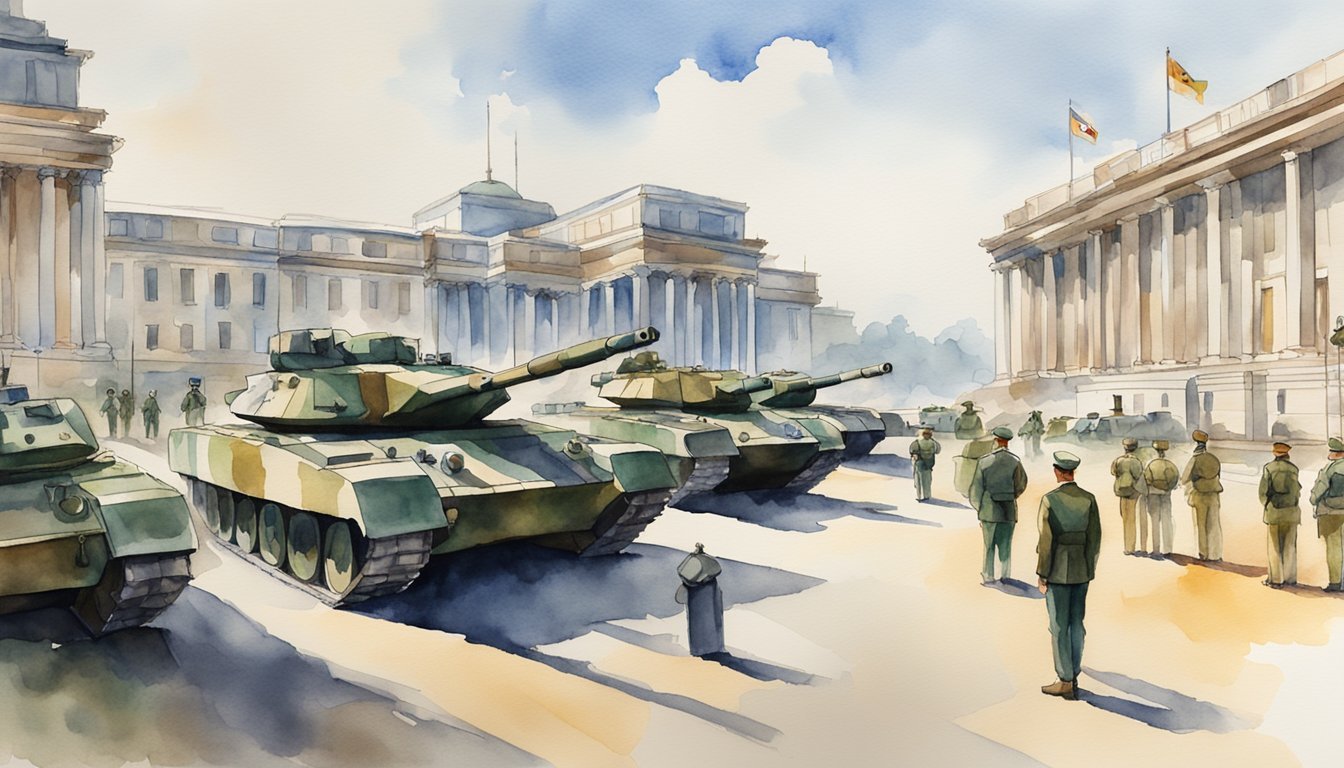 A row of military tanks and aircraft lined up in front of a government building, with officials discussing budget allocation