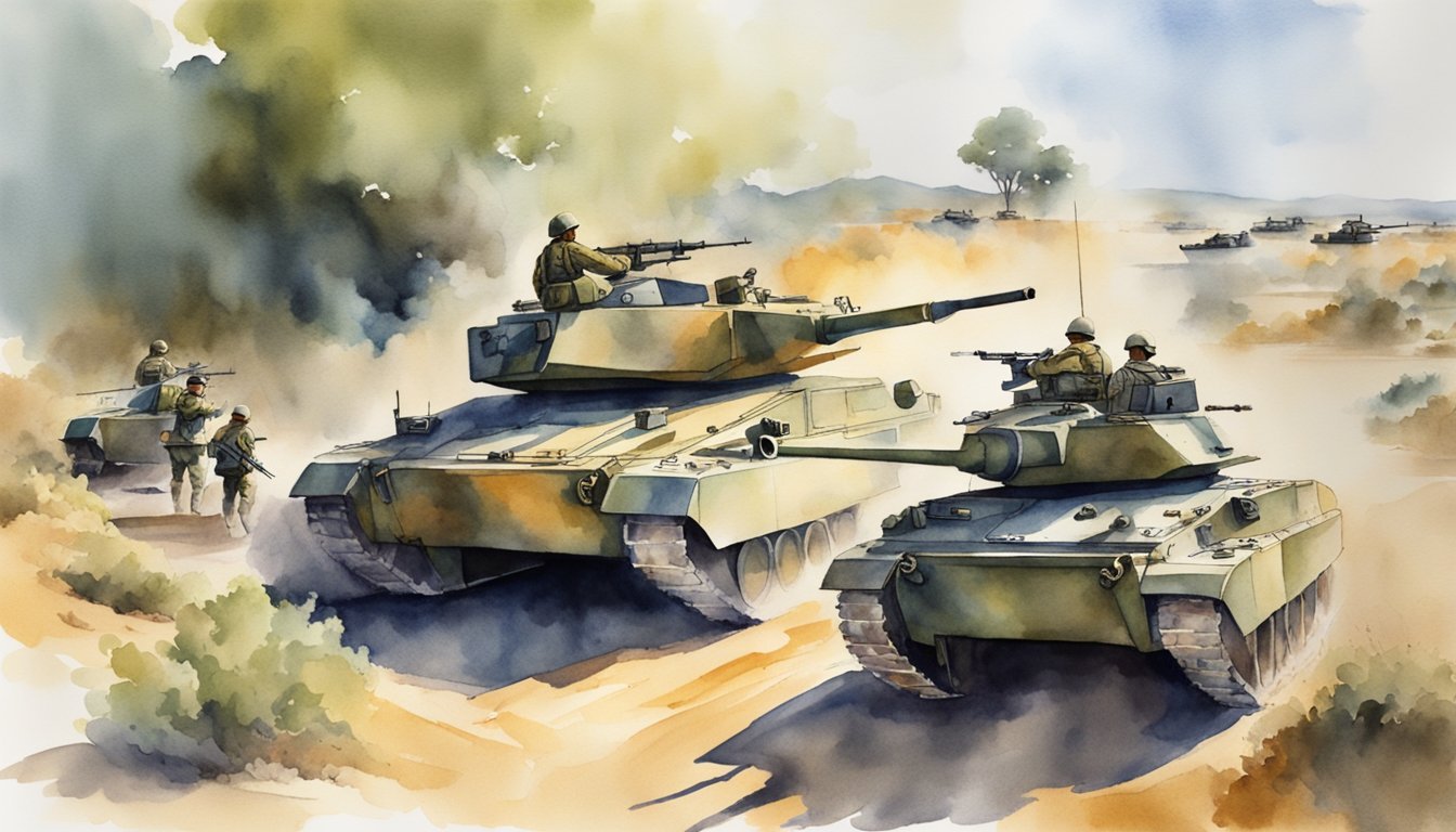 Military operations in Spain: Soldiers conducting tactical maneuvers, tanks and aircraft in action, strategic planning meetings in command centers