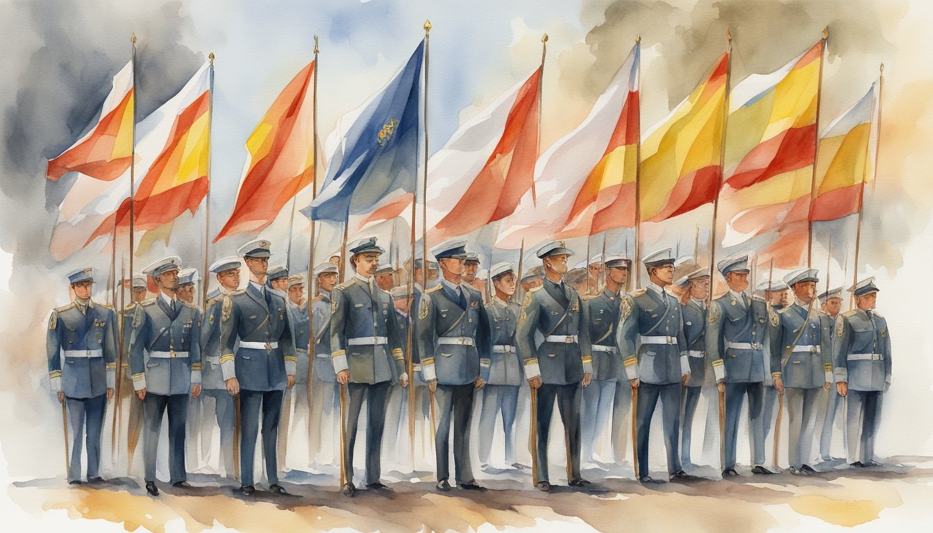 Military personnel in Spain stand in formation, flags waving in the wind, symbolizing unity and strength