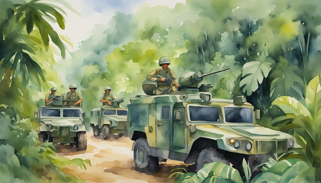 A group of military vehicles and soldiers stationed in a lush, tropical jungle in the Philippines