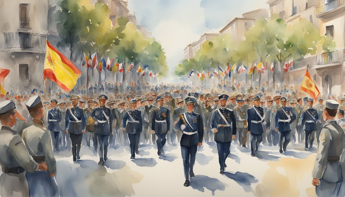 A military parade in Spain, with crowds of people watching and cheering.</p><p>Flags flutter in the breeze, and soldiers march in formation, showcasing the cultural and social impact of the military in Spain