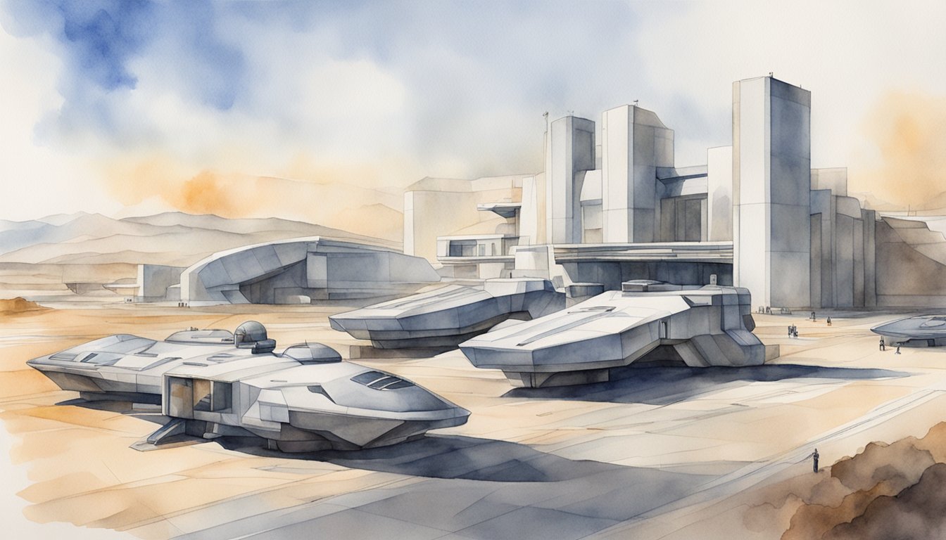 A futuristic Spanish military base with advanced weaponry and technology, surrounded by sleek and imposing architecture