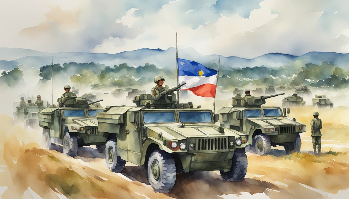 A group of military vehicles and personnel in uniform stand in formation on a large open field, with a backdrop of the Philippine flag flying high