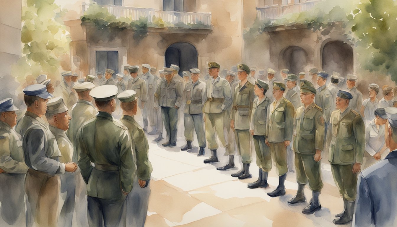 A group of military personnel in uniform answering questions from a diverse crowd in a courtyard setting