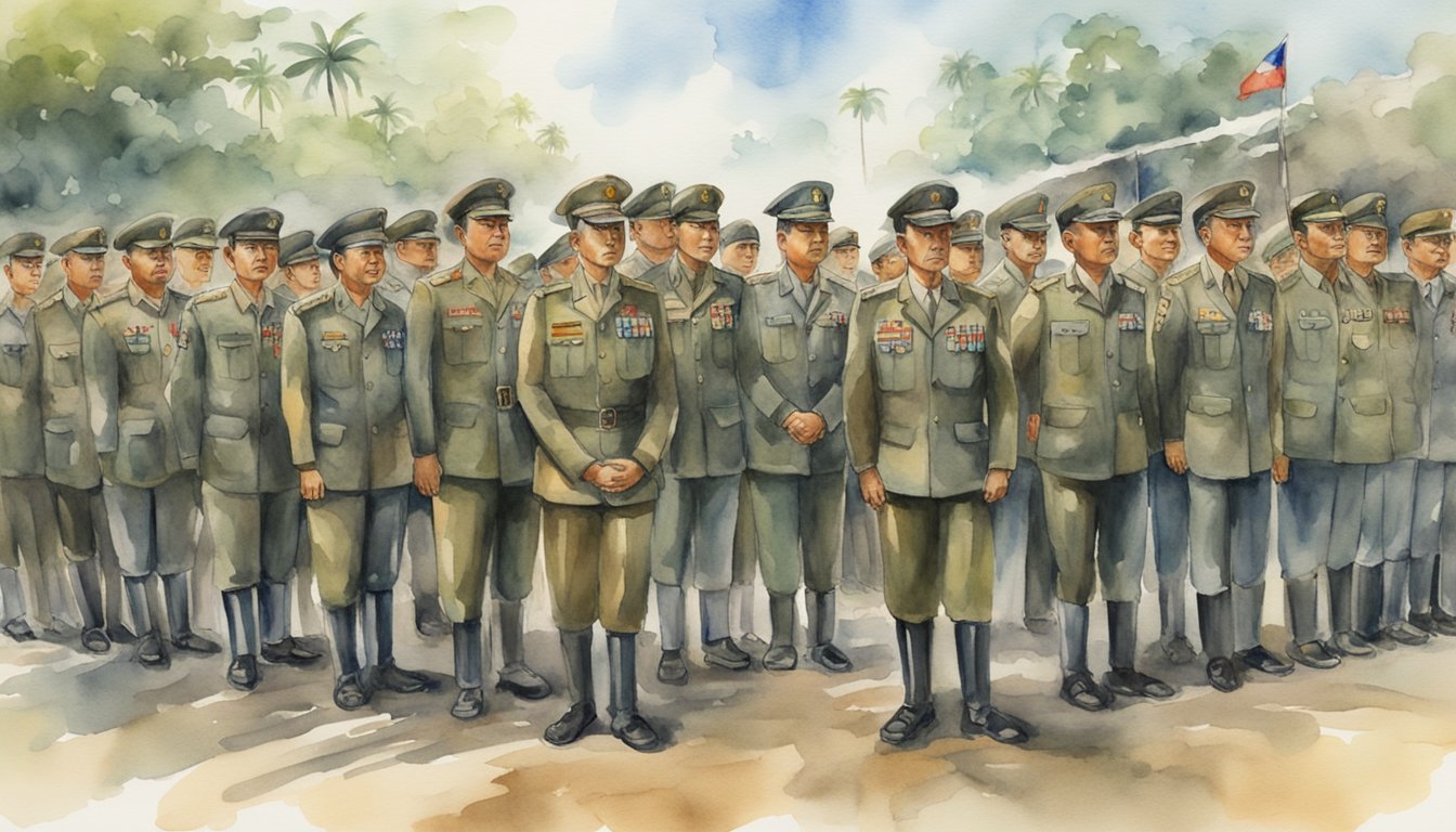 The military in the Philippines stands in formation, surrounded by government officials discussing defense policies and international relations