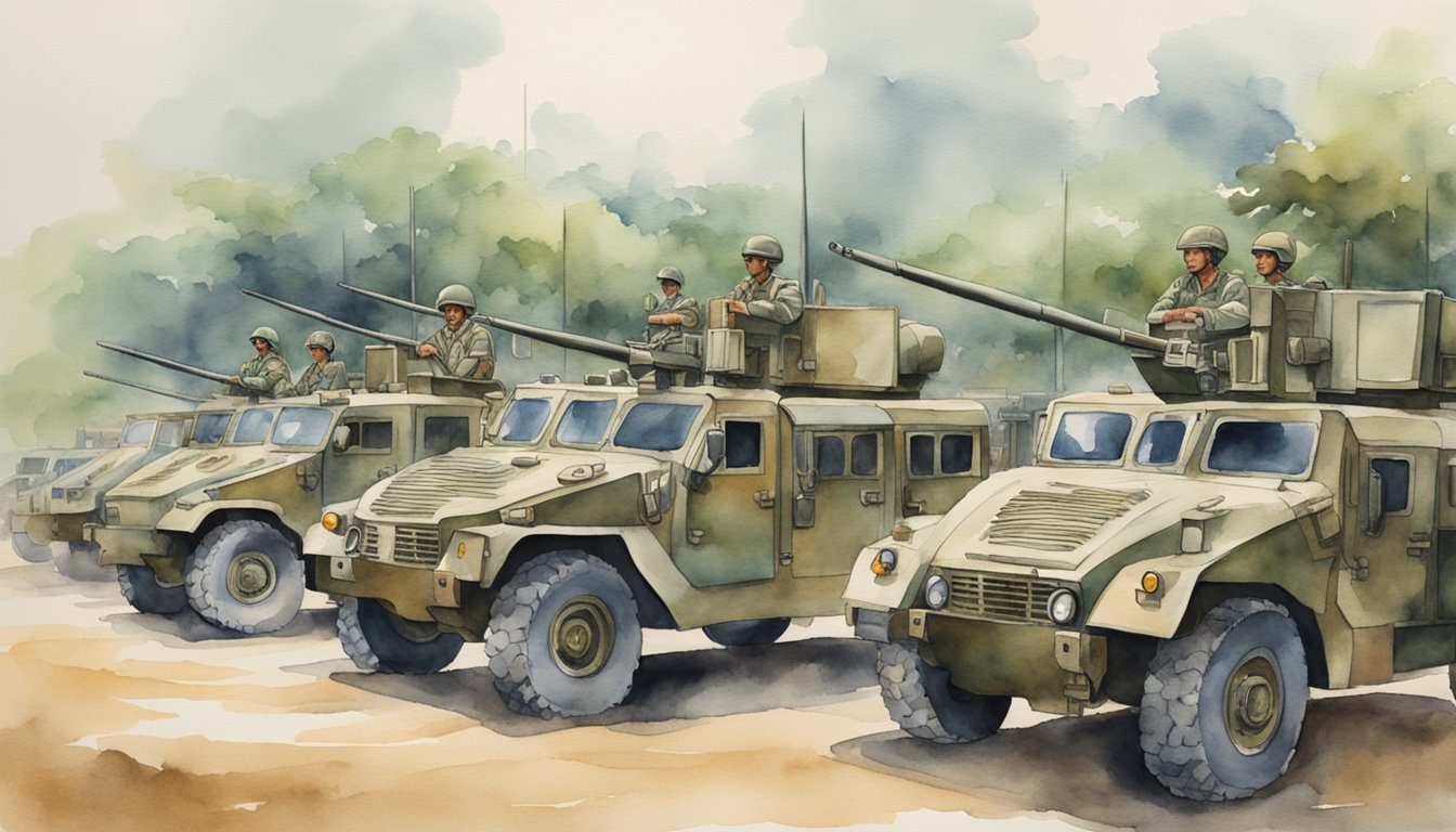 Military vehicles and personnel in formation at a base in Malaysia