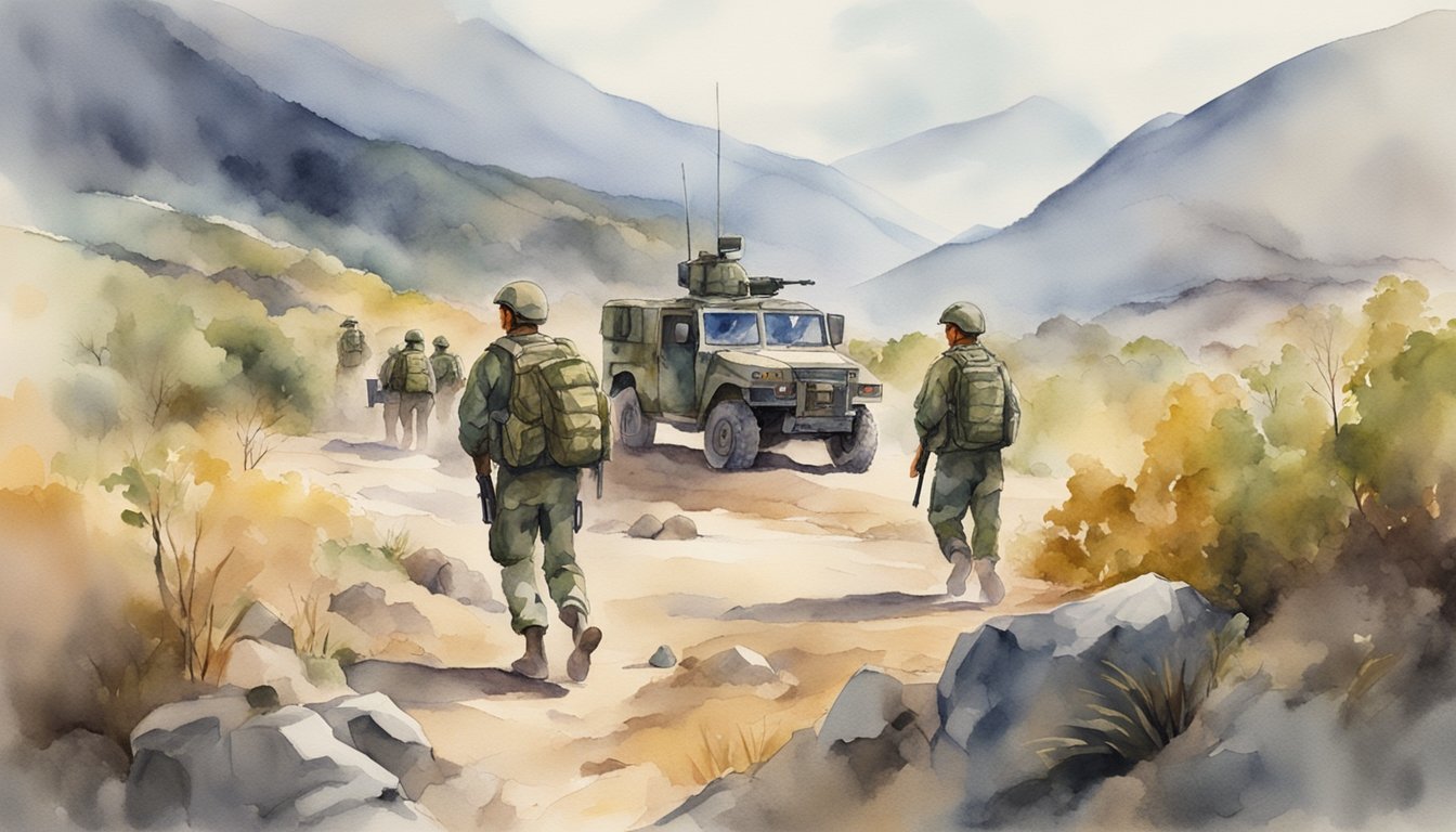 Military personnel conducting patrols in rugged terrain, while monitoring for potential threats and coordinating with local authorities